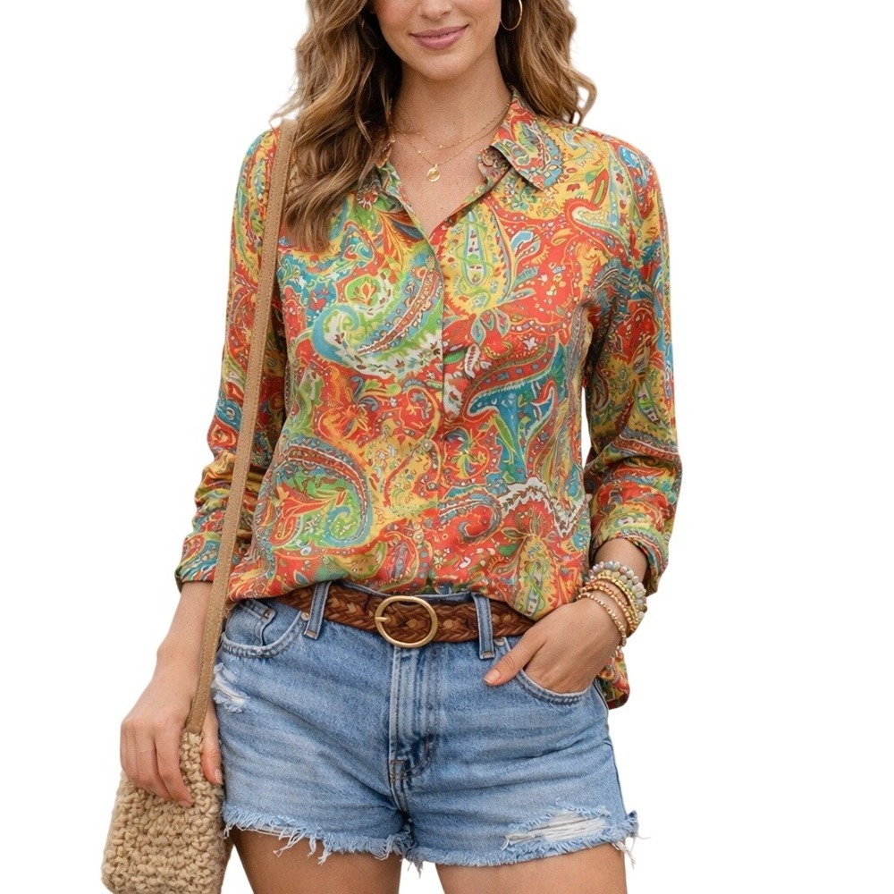 Lauren Ralph Lauren Women's Red Green Blue Paisley Long Sleeve Shirt Sz L Retro